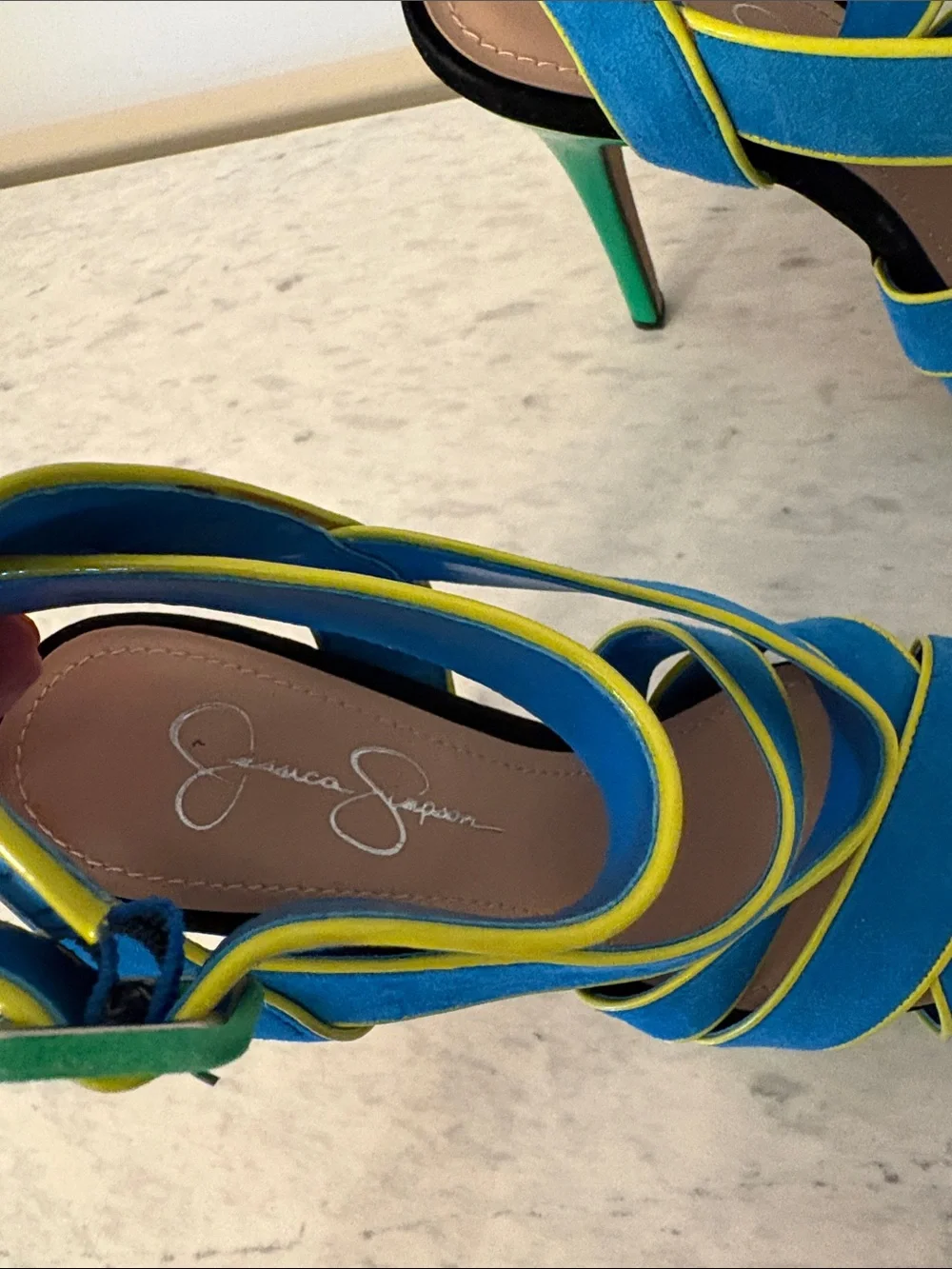 Jessica Simpson Turquoise & Green Strappy Suede Platform Heels Yellow Trim 8/38 - Picture 4 of 15